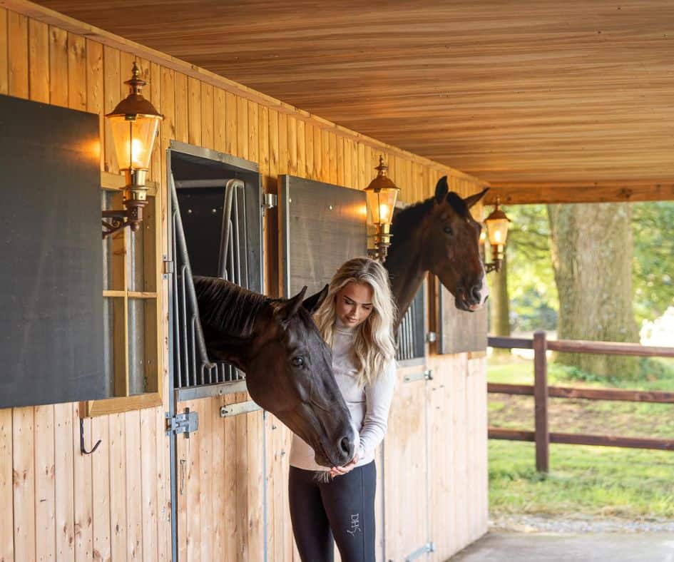 amazone met paard in de stallen